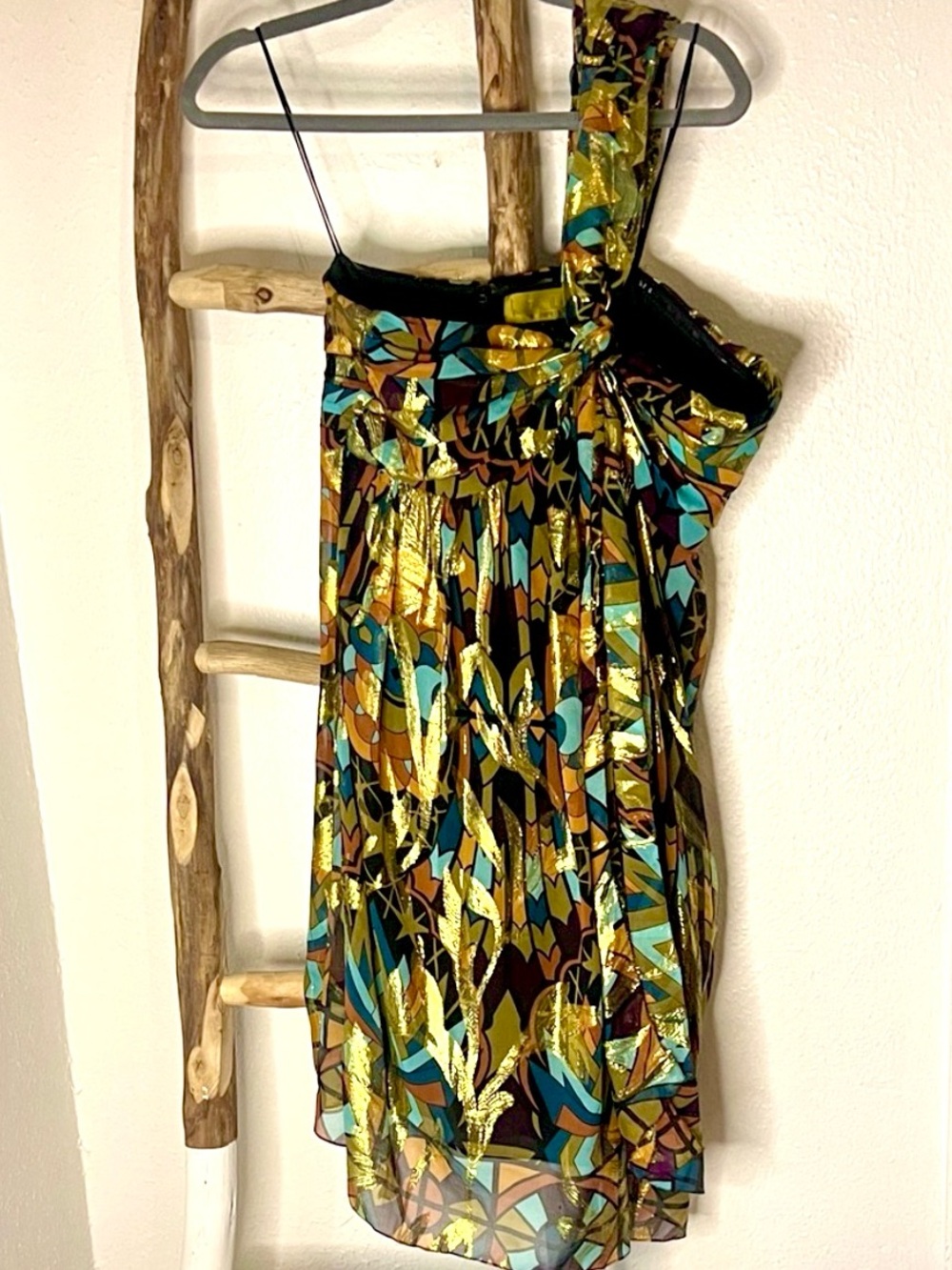 Nicole Miller Multicolor Mosaic Gold Leaf Print One Shoulder Silk Dress Small 4